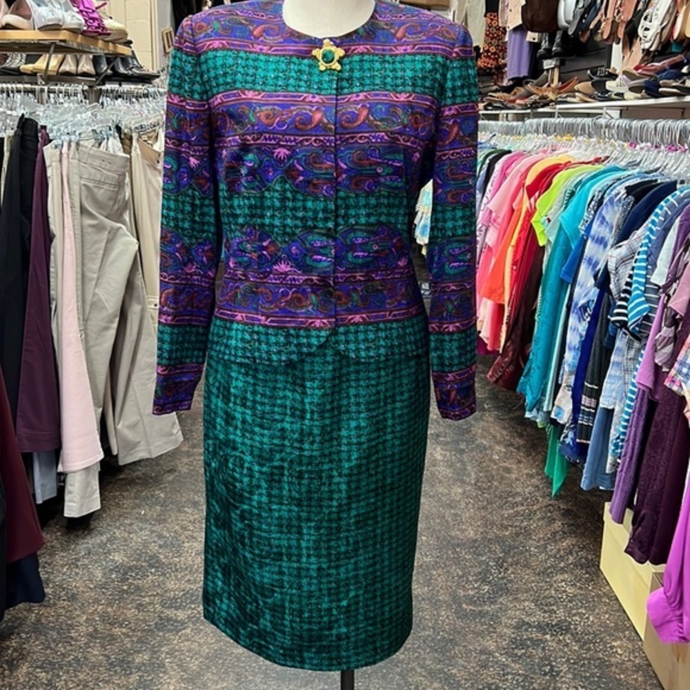Vintage Anne Crimmins for UMI Collections 100% Silk Skirt Suit Sz 8 Purple Green
